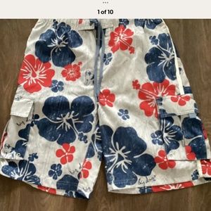 BIG DOGS Men’s Drawstring Swim Shorts Trunks Tropical Red White Blue Sz M